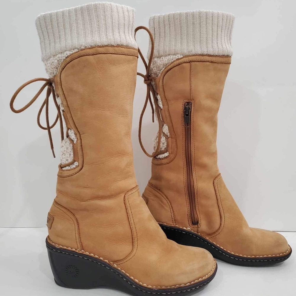 UGG Boots Chestnut Suede Sheepskin Tall Boots Wedge Heel Skylair 1939  SZ 6